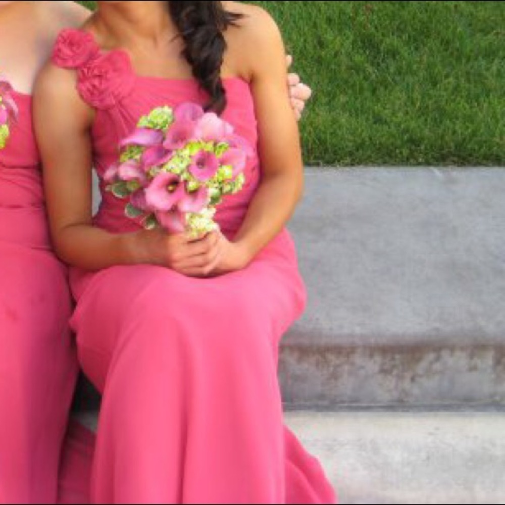 David’s Bridal long one shoulder fuchsia gown
